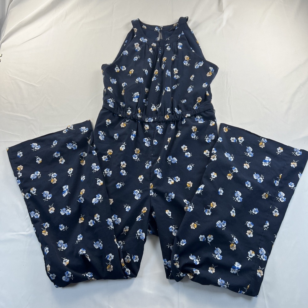 Ann Taylor Factory Petite Navy Floral Sleeveless Halter Jumpsuit Sz 2P Flare Leg